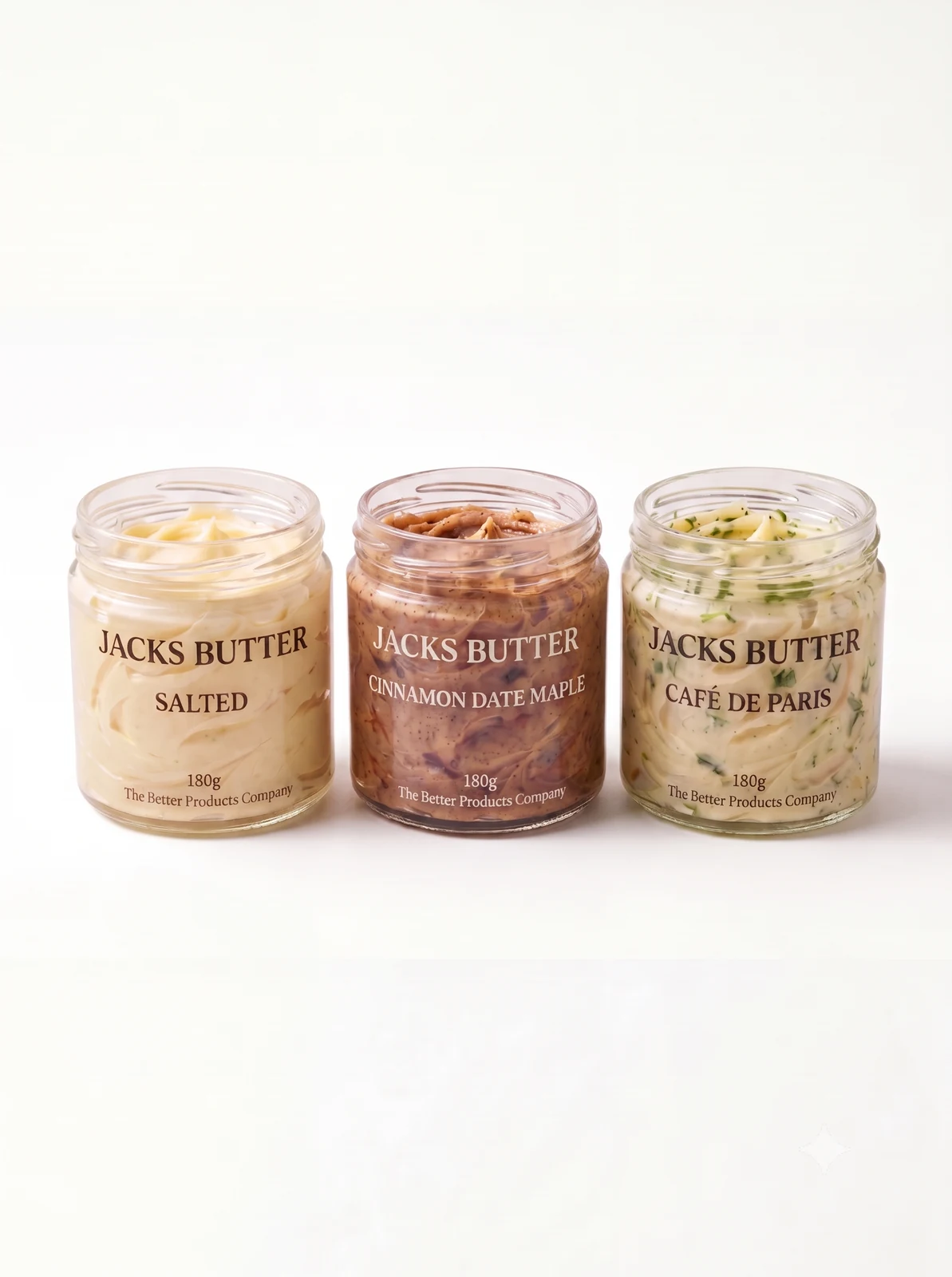 Three 180g jars of Jacks Butter — Salted, Cinnamon Date Maple, and Café de Paris